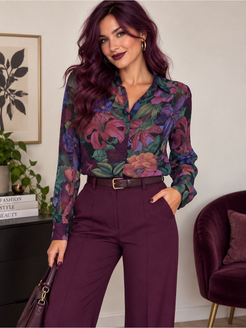 Semi-Sheer Floral Button-Down Shirt - Purple Multi